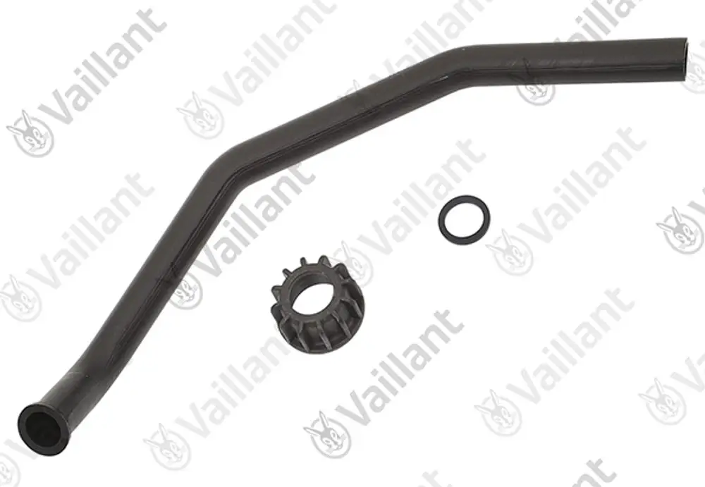 Vaillant Kondenswasserleitung in gebogener Form, begleitet von einer Dichtung und einem weiteren Anschlussstück, zur Verwendung in Heizsystemen.